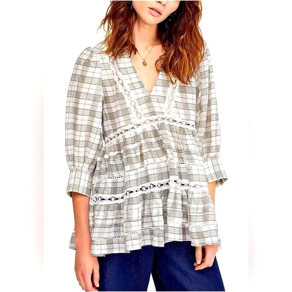 FREE PEOPLE Black & Ivory “Time Out” Eyelet 3/4 Sleeve Peasant Tunic Top - Picture 1 of 16